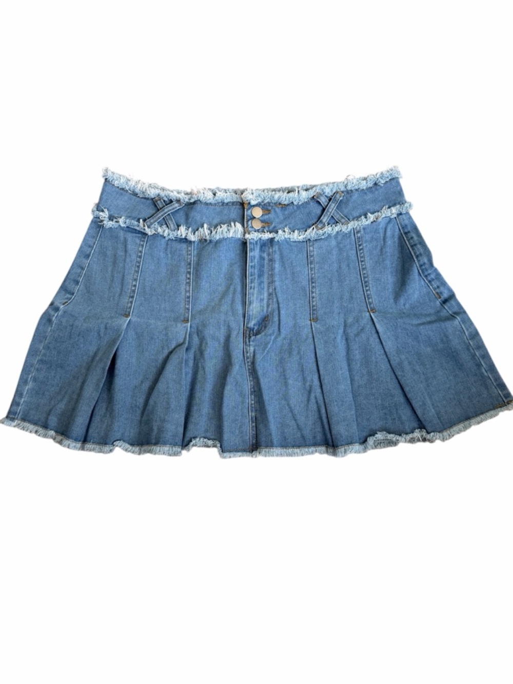 Frayed Hem Pleated Denim Mini Skirt - Blue